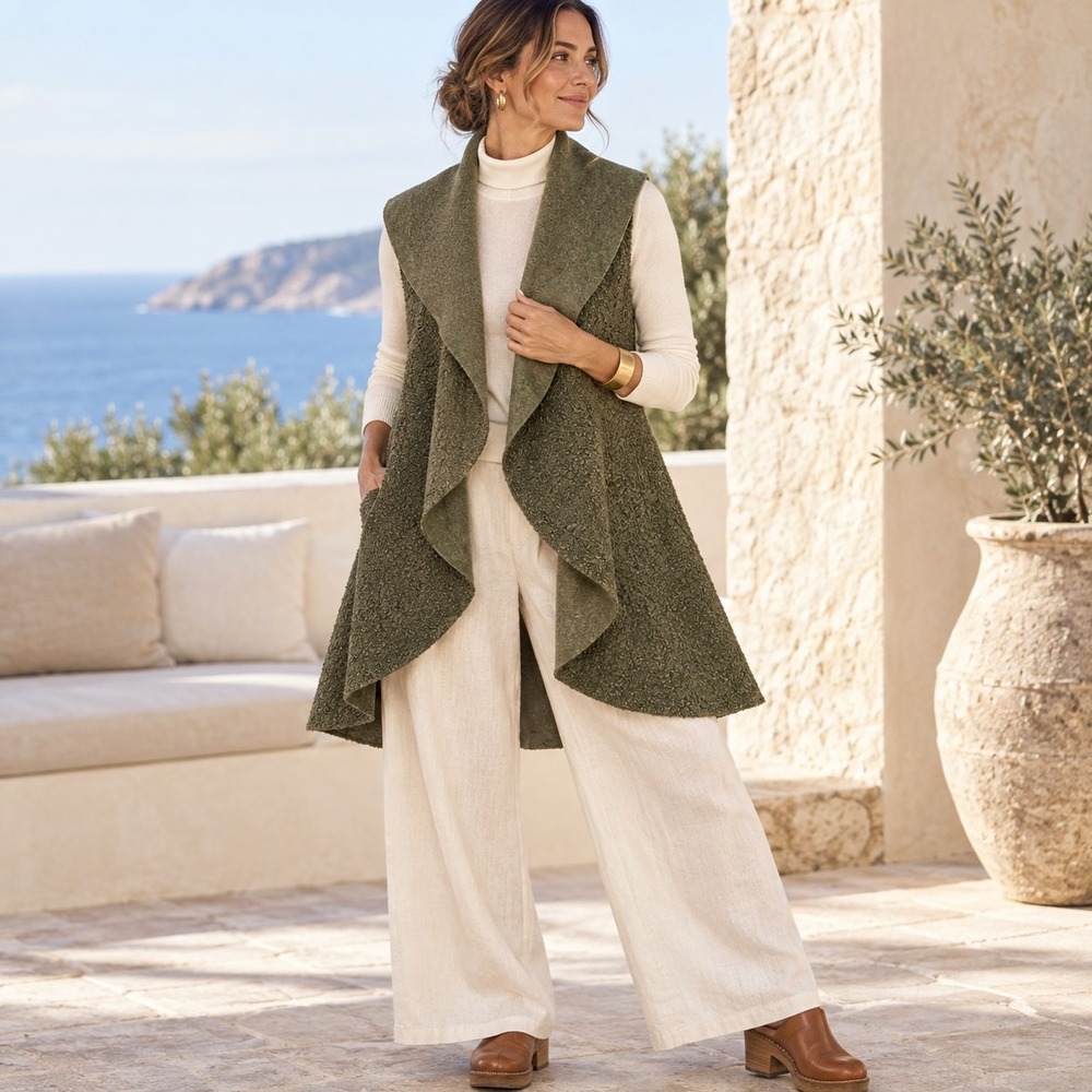 Olive Boucle Draped Waterfall Vest Italian Minimalist Lagenlook Quiet Luxury OS
